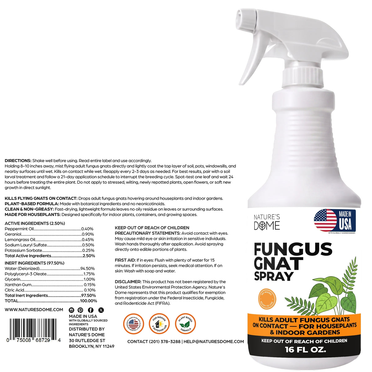 Nature's Dome Fungus Gnat Killer Spray 16 oz for Houseplants & Soil