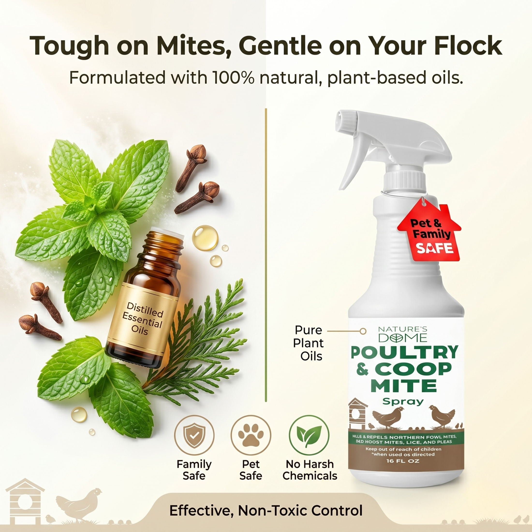 Nature's Dome Poultry Spray - 16 oz - Natural Plant Based Oils for Control - Family Safe with No Egg Withdrawl