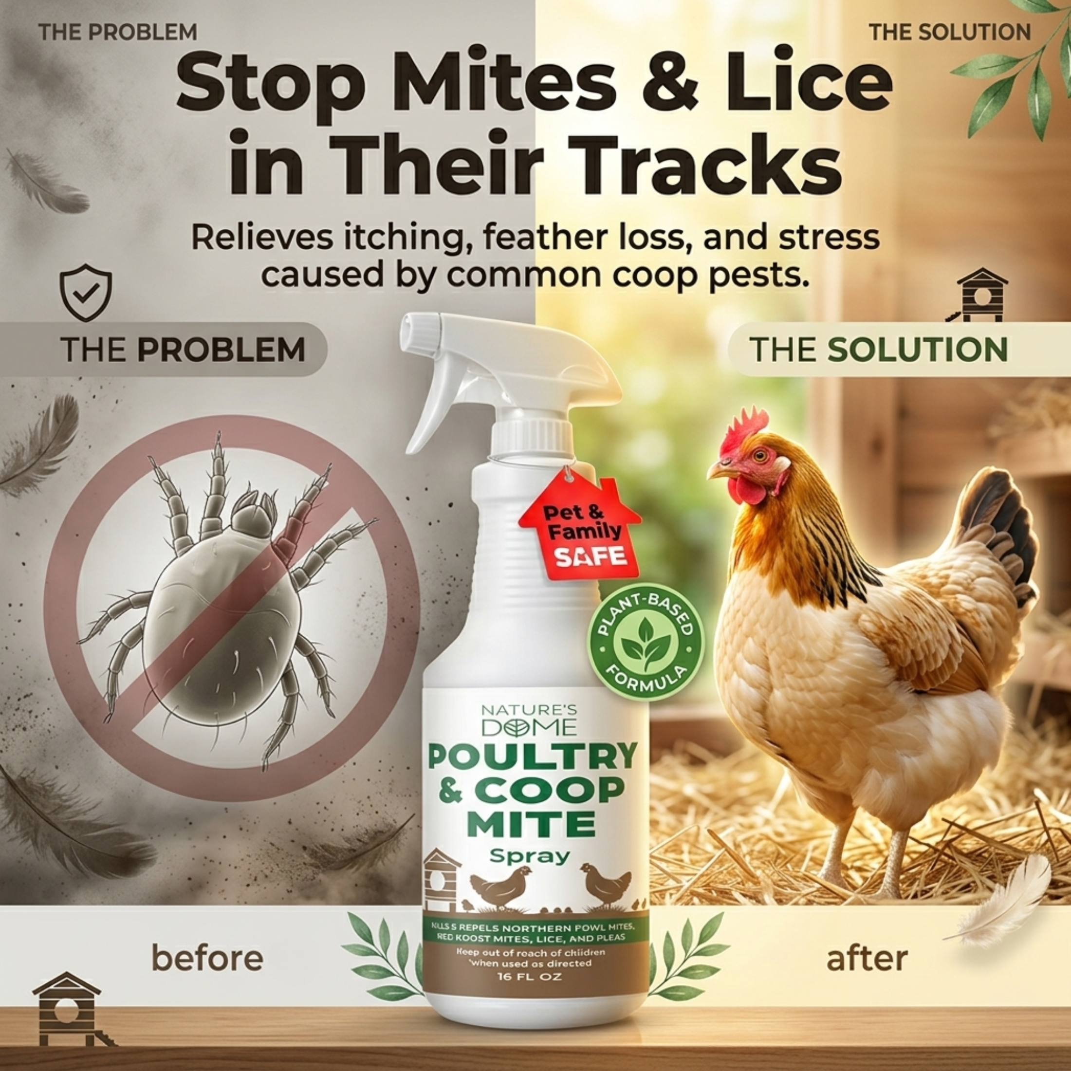 Nature's Dome Poultry Spray - 16 oz - Natural Plant Based Oils for Control - Family Safe with No Egg Withdrawl