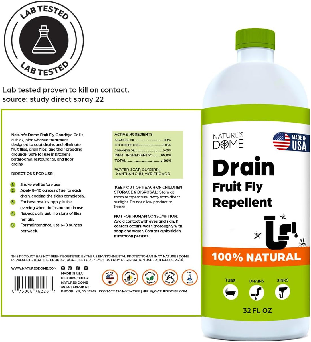 Nature’s Dome Drain Fly Killer Gel – 32 oz – Kills & Prevents Drain Flies, Fruit Flies & Sewer Flies – Natural Plant-Based Treatment for Sinks, Pipes & Drains – Safe for Septic Systems