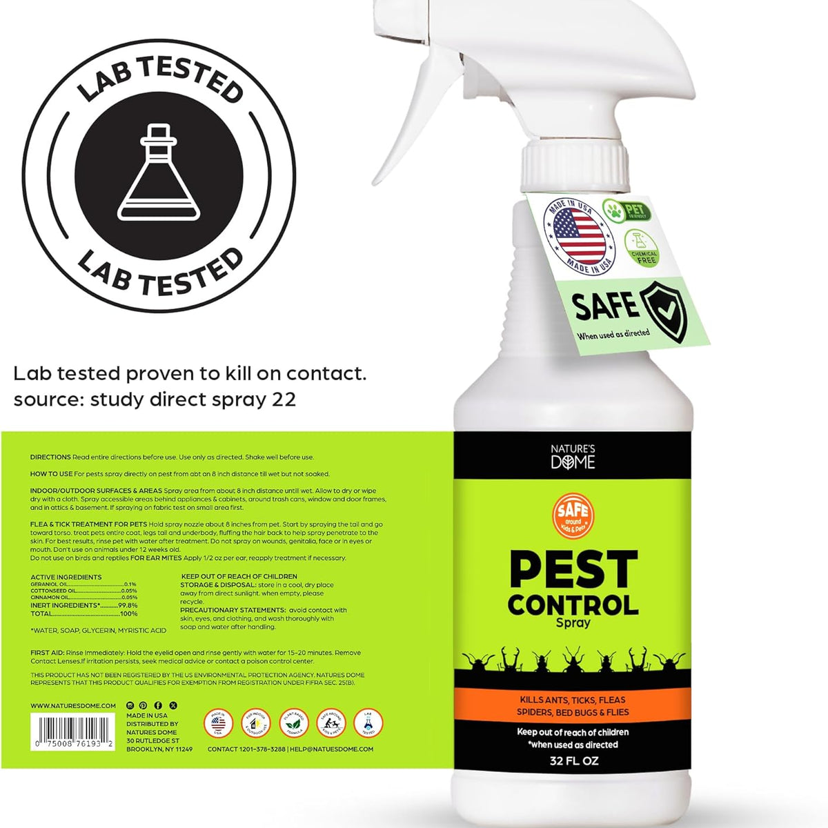 Nature's Dome Eco-Friendly Pest Control Spray – 32 oz – Ant, Roach, Spider, Fly, Flea and Insect Control with Natural Essential Oils – Fast-Acting, Child & Pet Safe for Indoor & Outdoor Use