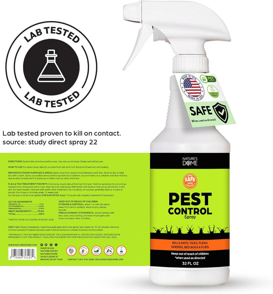 Nature's Dome Eco-Friendly Pest Control Spray – 32 oz – Ant, Roach, Spider, Fly, Flea and Insect Control with Natural Essential Oils – Fast-Acting, Child & Pet Safe for Indoor & Outdoor Use