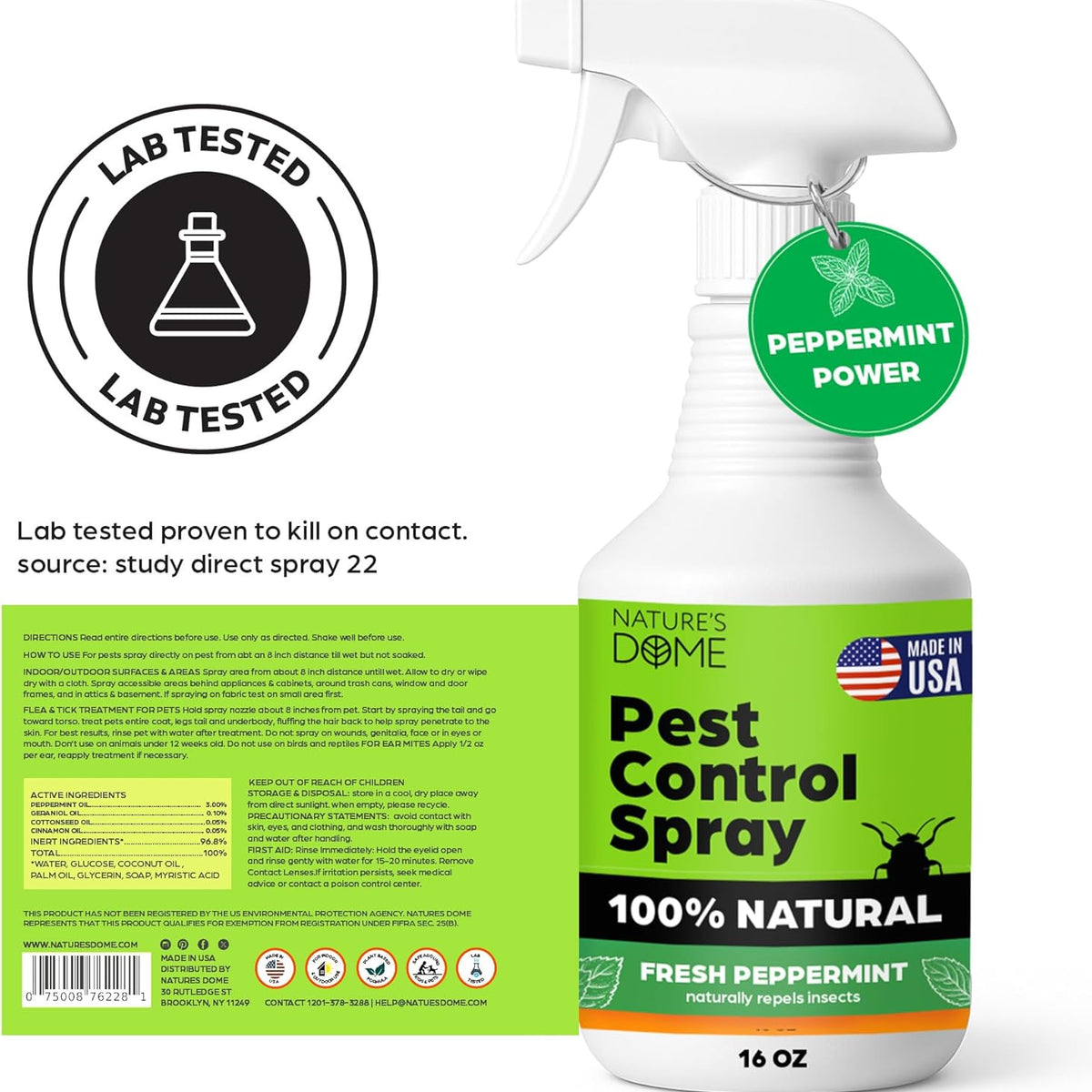 Nature's Dome Peppermint Pest Control Spray – Eco-Friendly Lab Tested – 16 oz – Insect, Ant, Tick, Flea, Roach & Mosquito Repellent – Safe for Pets & Kids – 100% Natural – Indoor & Outdoor Use