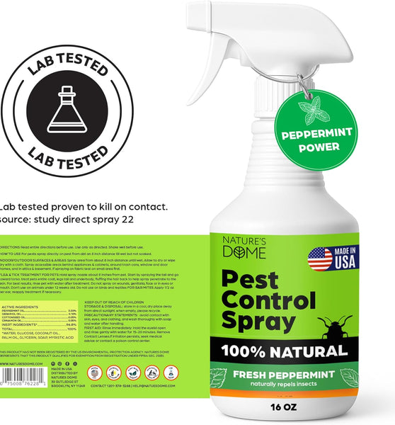 Nature's Dome Peppermint Pest Control Spray – Eco-Friendly Lab Tested – 16 oz – Insect, Ant, Tick, Flea, Roach & Mosquito Repellent – Safe for Pets & Kids – 100% Natural – Indoor & Outdoor Use