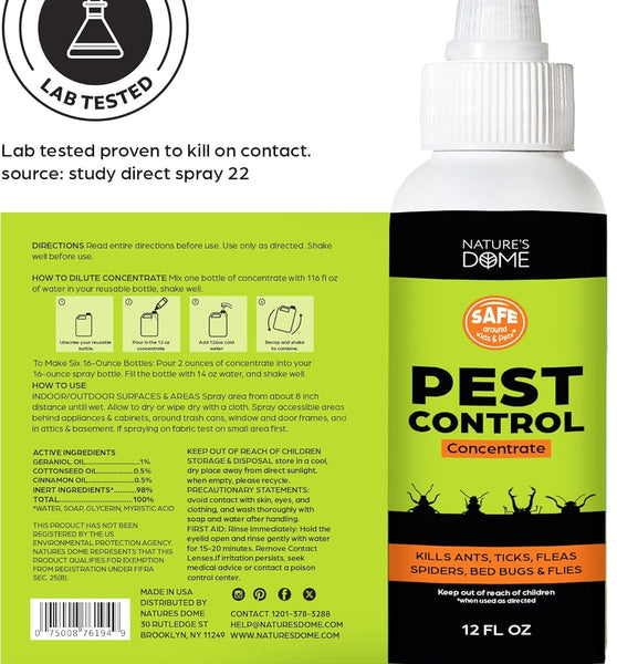 Nature's Dome 12 oz Pest Control Concentrate – Makes 1 Gallon – Eco-Friendly, Plant-Based Formula for Ant, Roach, Spider, Fly, Flea & Insect Control – Child & Pet Safe for Indoor/Outdoor Use