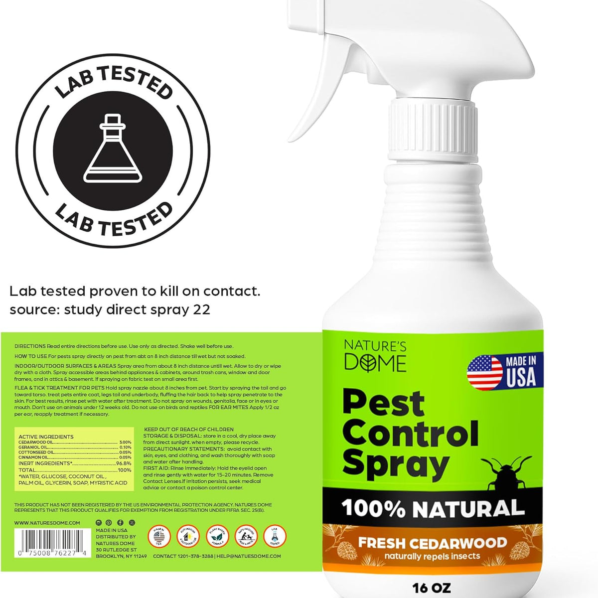 Nature's Dome Cedarwood Pest Control Spray – Eco-Friendly Lab Tested – 16 oz – Insect, Ant, Tick, Flea, Roach & Mosquito Repellent – Safe for Pets & Kids – 100% Natural – Indoor & Outdoor Use