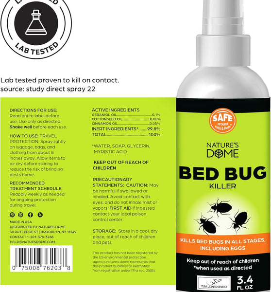 Nature’s Dome Bed Bug & Mite Spray – TSA-Approved 3.4 oz Travel Size– 100% Efficacy, Destroys Eggs & Resistant Strains, Made from Natural Ingredients